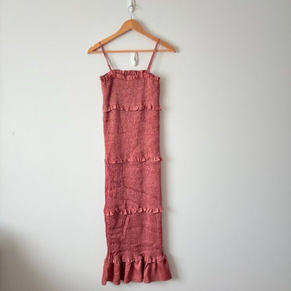 Mable Satin Smocked Fitted Ruffled Midi Dress Mauve Size Small - Picture 11 of 13